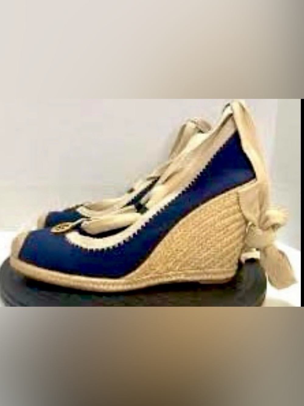 Tory Burch Wedge Espadrille Navy Blue Ankle Tie - Picture 6 of 9